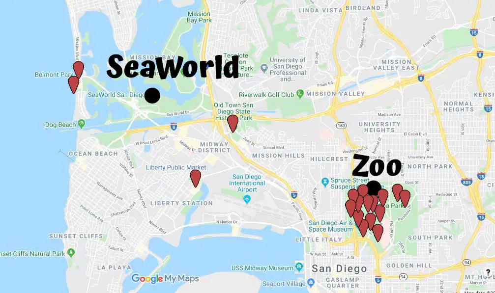 Attractions close to San Diego Zoo and SeaWorld on a map image