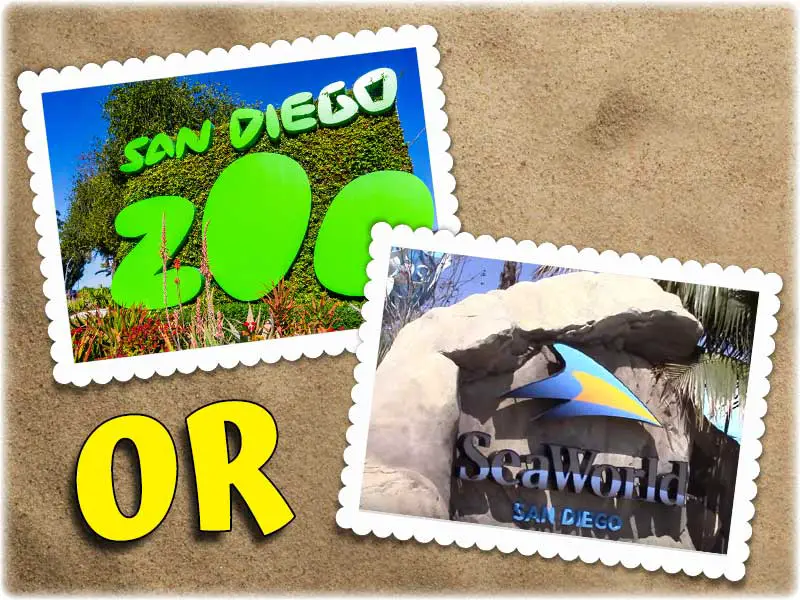 Should you choose San Diego Zoo or SeaWorld? Photos of entrance signs to both attractions.