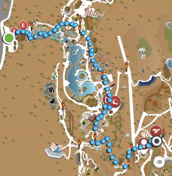 Safari Park map - route from the entrance to Cheetah Run.
