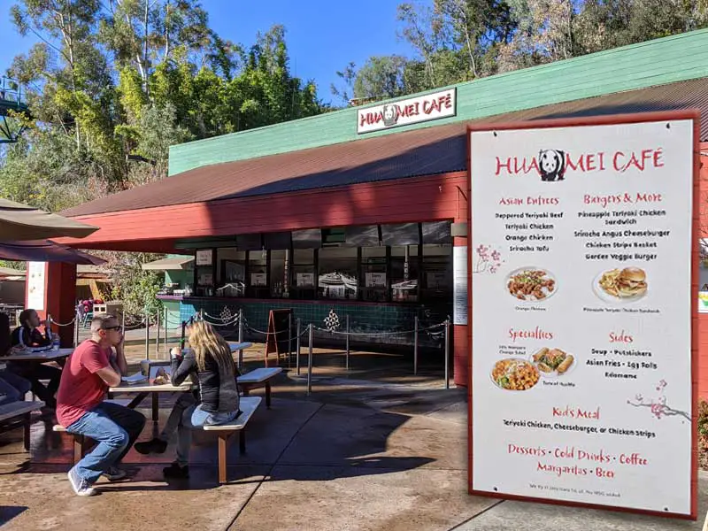 Hua Mei Cafe at the San Diego Zoo. Front, table seating and menu