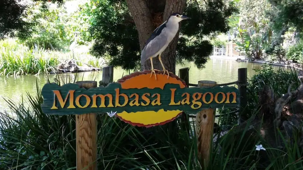 San Diego Safari Park Mombasa Lagoon sign with a black-crowned night heron perched on it.