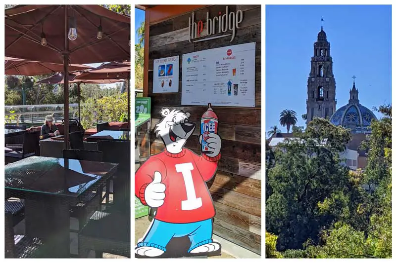 The Bridge & Refreshments drinks & snacks at San Diego Zoo. Tables and views of the Museum of Man tower in Balboa Park.