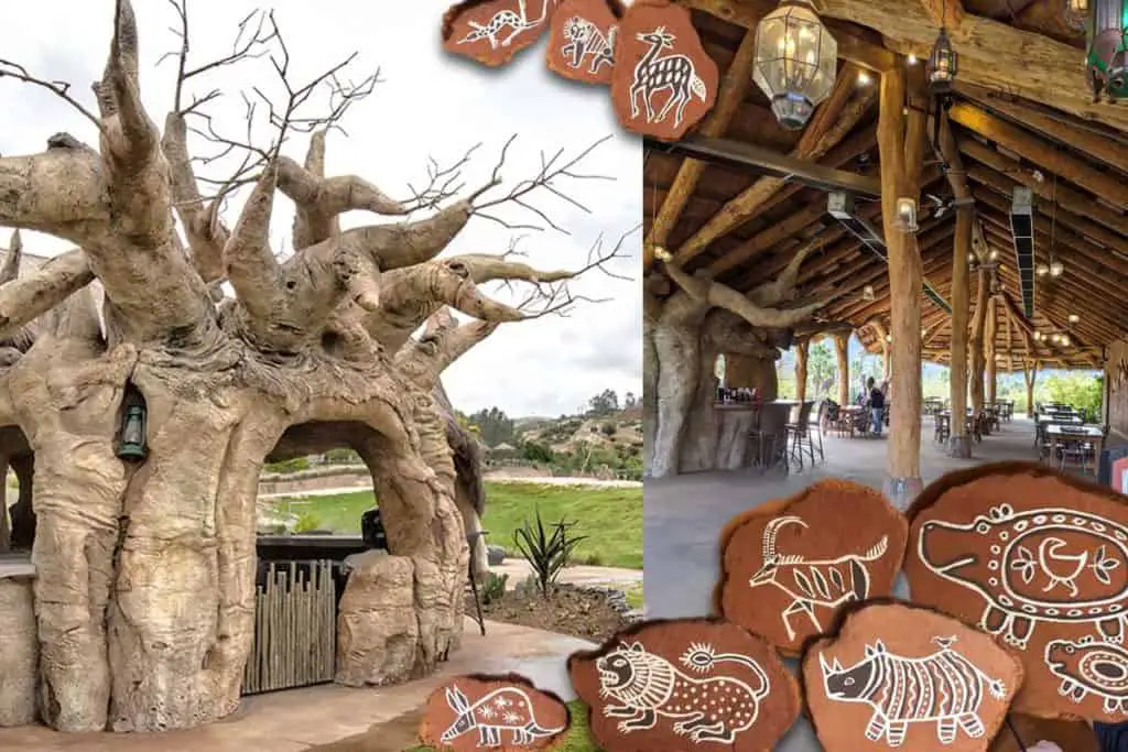 The Watering Hole at San Diego Safari Park exterior and interior details. The Baobab Tree Bar is on the left side of the image.