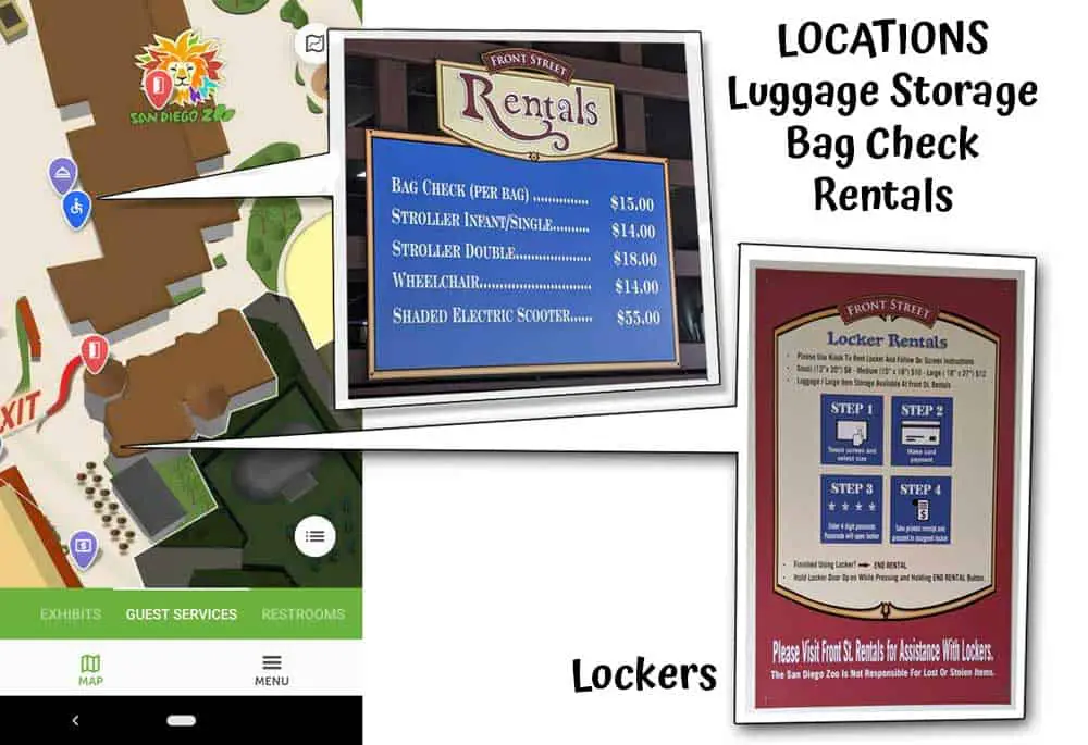 San Diego Zoo locations for luggage storage, bag check, lockers and rentals shown on a map.