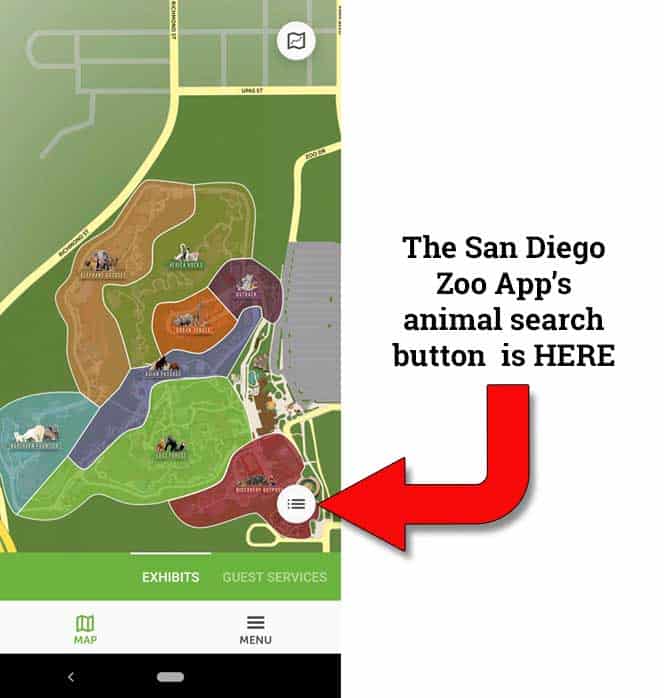 San Diego Zoo App - how to search for the location of specific animals