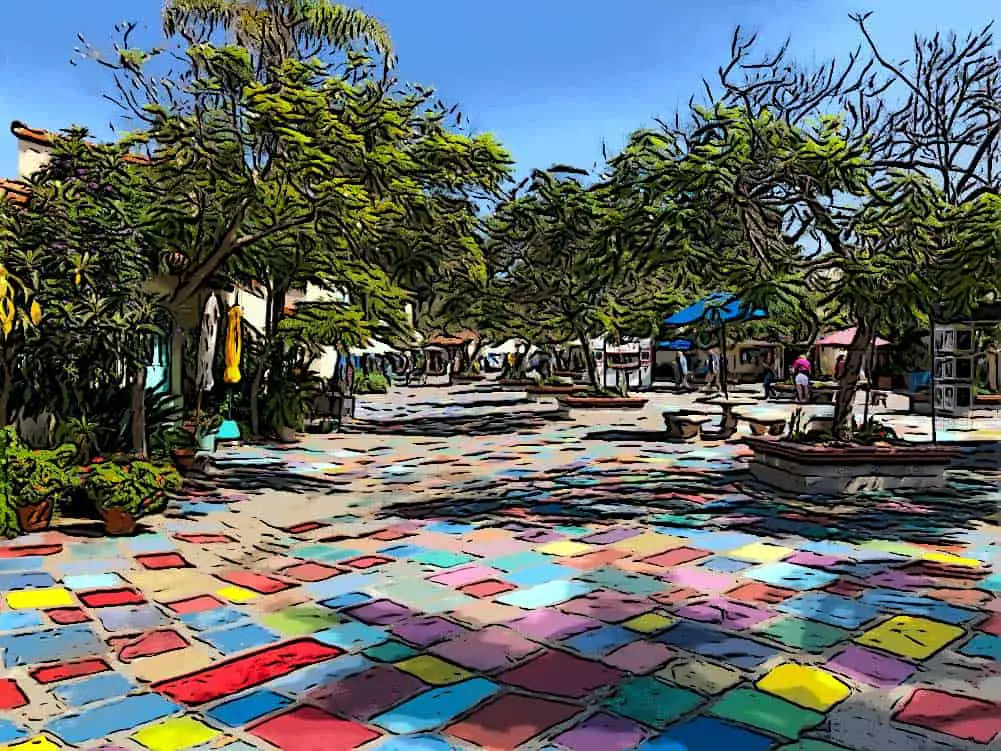 Spanish Village Plaza in Balboa Park - colored tiles sketch effect