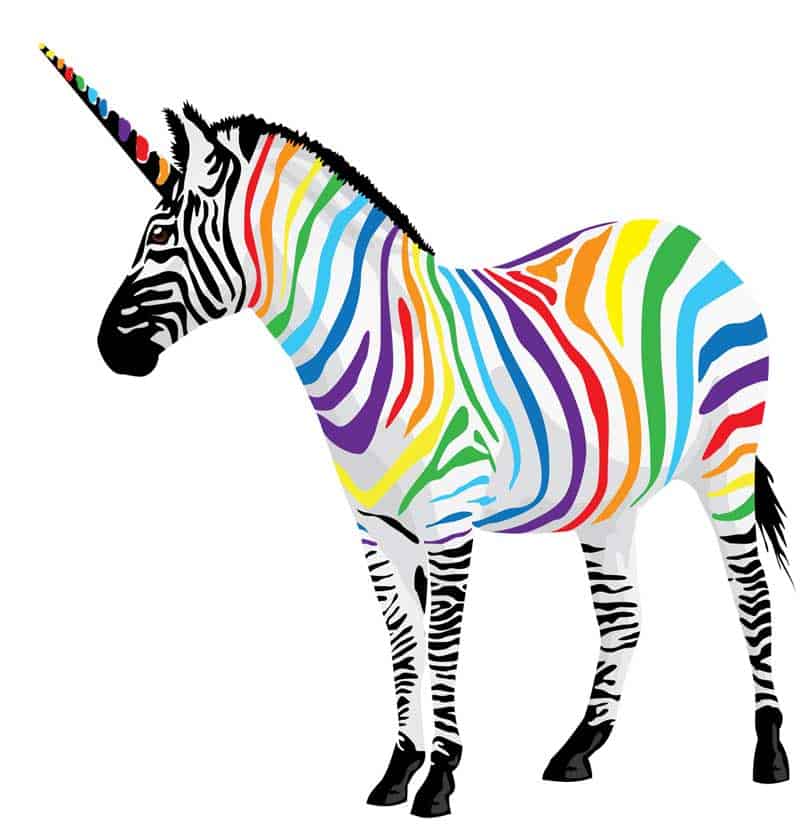 Zebra-unicorn with colored stripes.