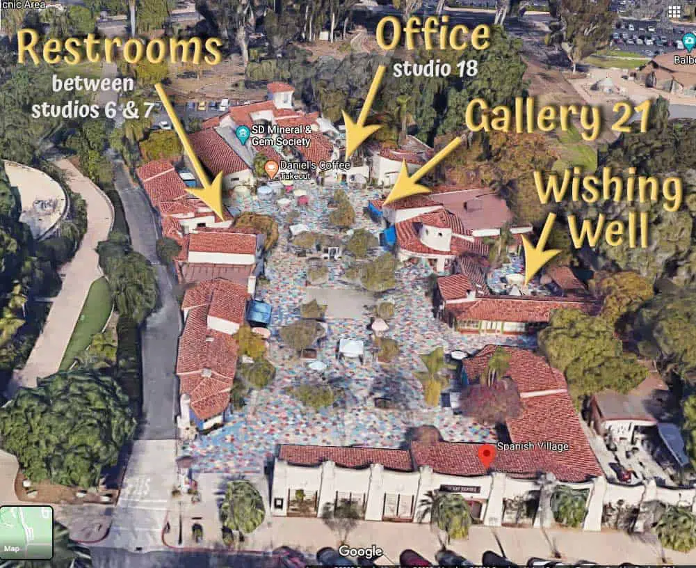 Spanish Village in Balboa Park aerial view showing Office, restrooms & wishing well locations.