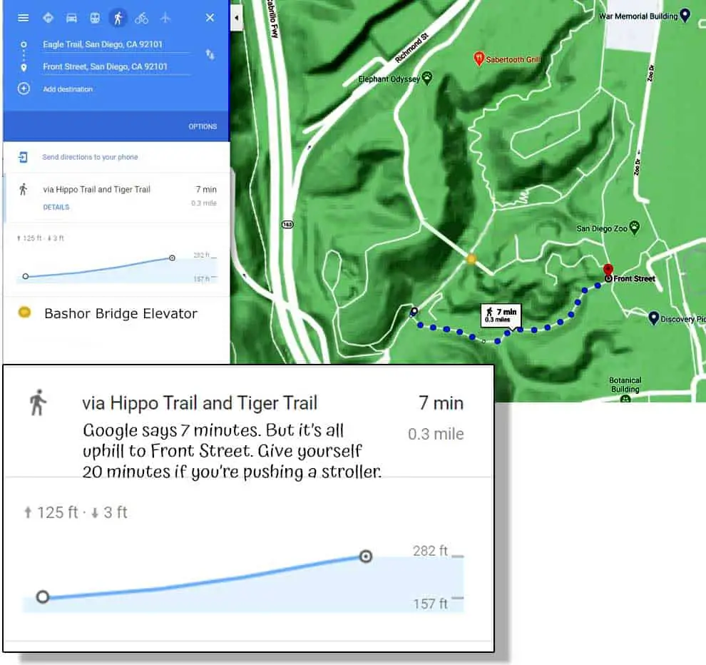 San Diego Zoo Google Terrain map screenshot. Color enhanced image shows elevation change from canyon bottom to Front Street via Hippo Trail. Also how long the hike takes going uphill vs down.