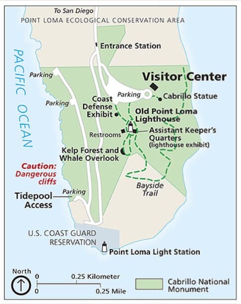 Cabrillo National Monument map of attractions and trails from the National Parks Service