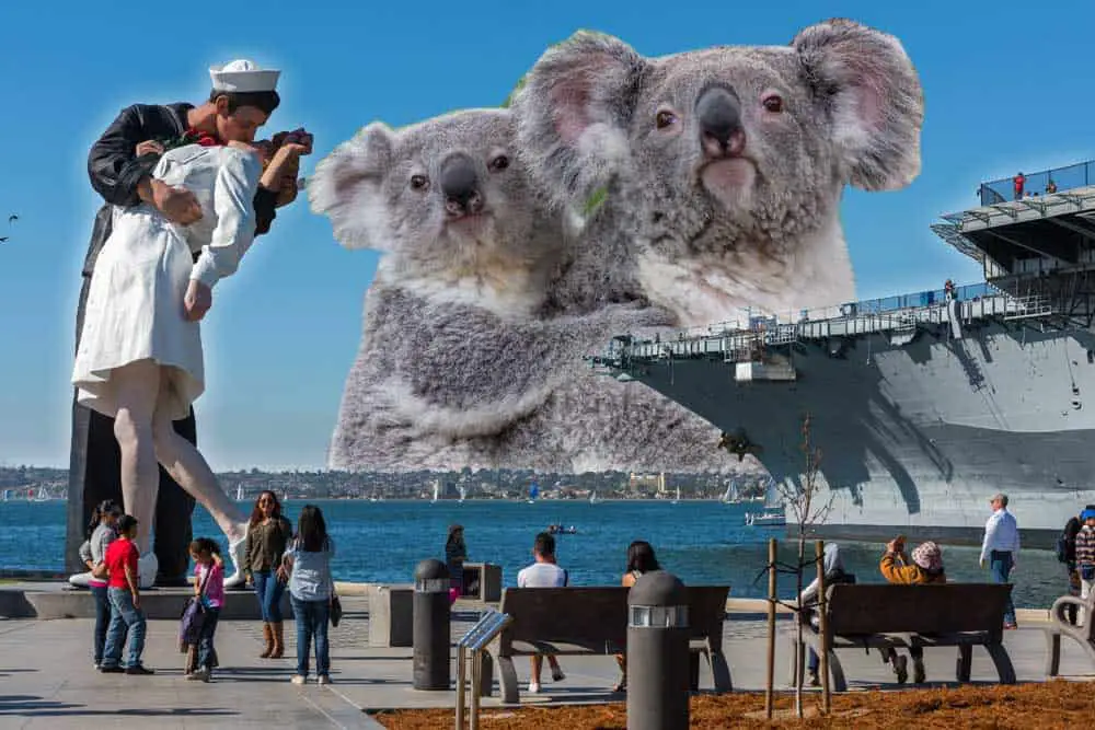 USS Midway and Unconditional Surrender statue with San Diego Zoo koalas in the background of this photo collage.