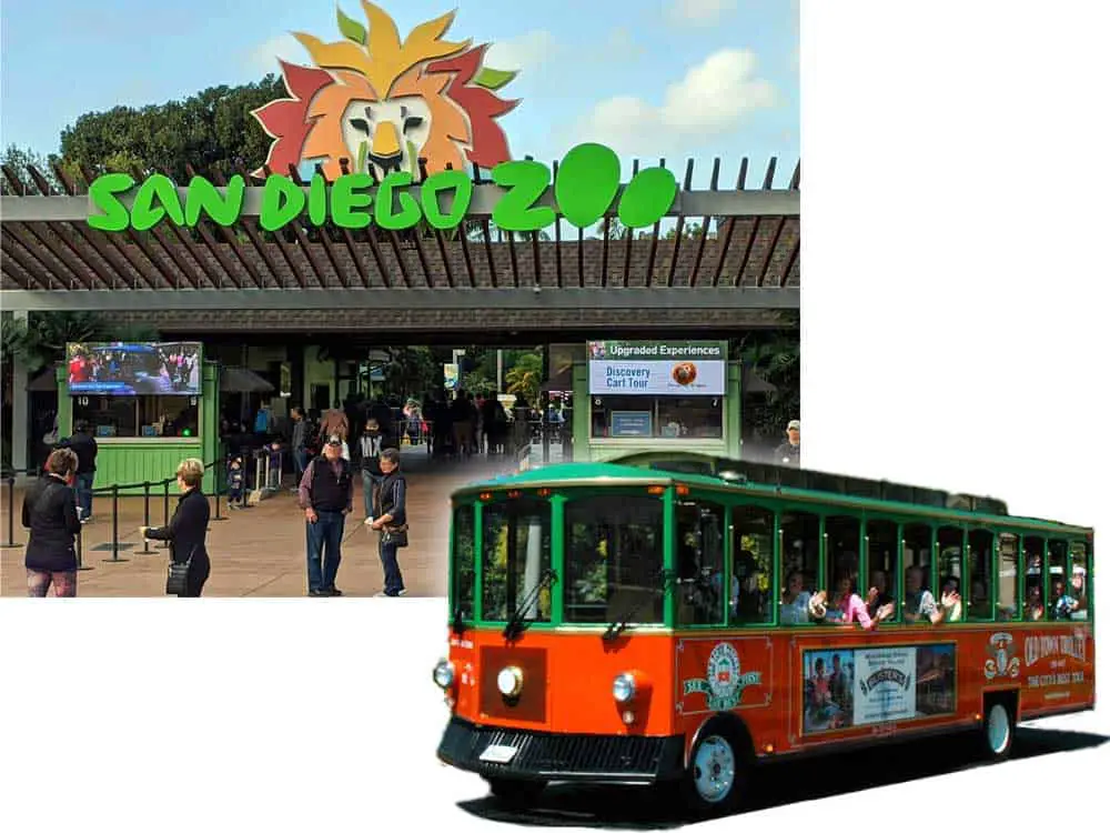 San Diego Zoo entrance and an Old Town Trolley tour car. Collaged together