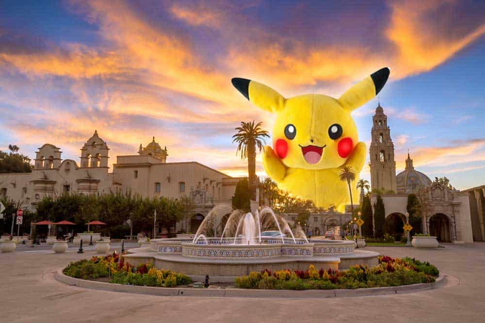 Pikachu sunset over Balboa Park's Bea Evenson fountain.