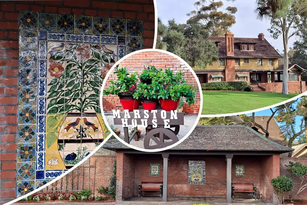 Photo collage of the Marston House gardens. Mosaic tiles, kitchen garden, house and lawn and pergola.
