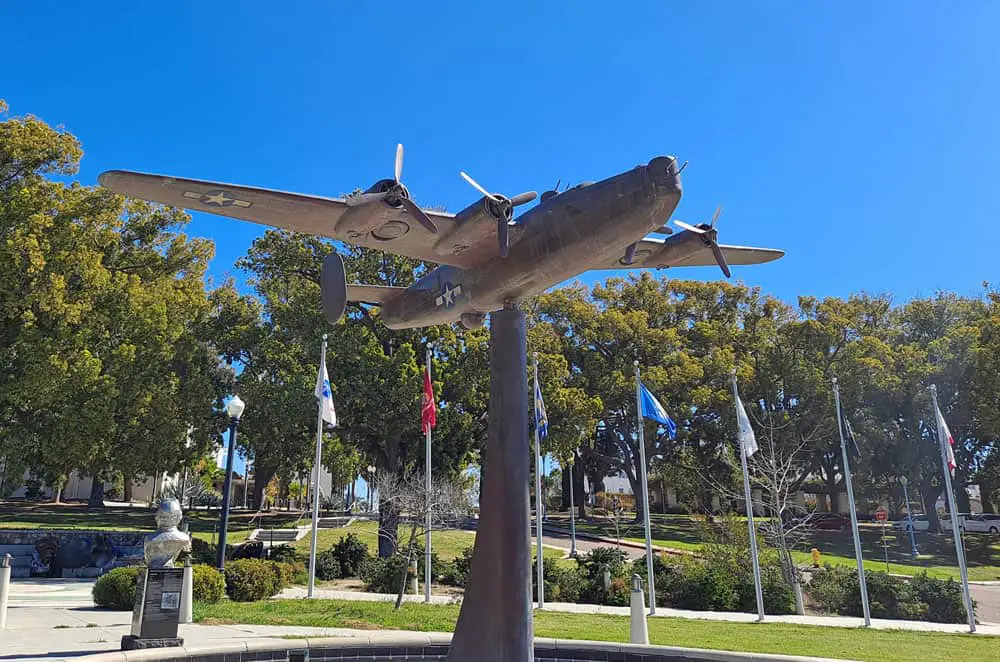 Photo of B-24 Liberator airplane sculpture in the Veteran's Garden in Balboa Park, San Diego.