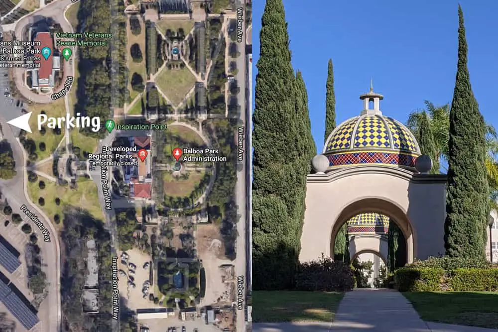 Photo collage of the Balboa Park Administrative Courtyard Garden. Satellite view showing parking and domed, tile-covered pergolas.