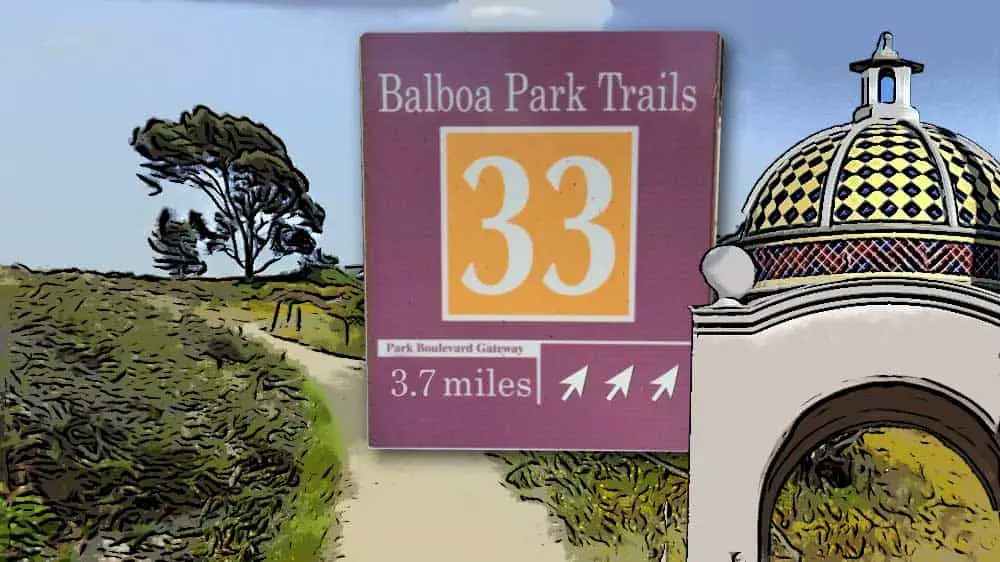 Photo montage Balboa Park Trail #33 sign, Florida Canyon and Administrative Garden Pavilion.