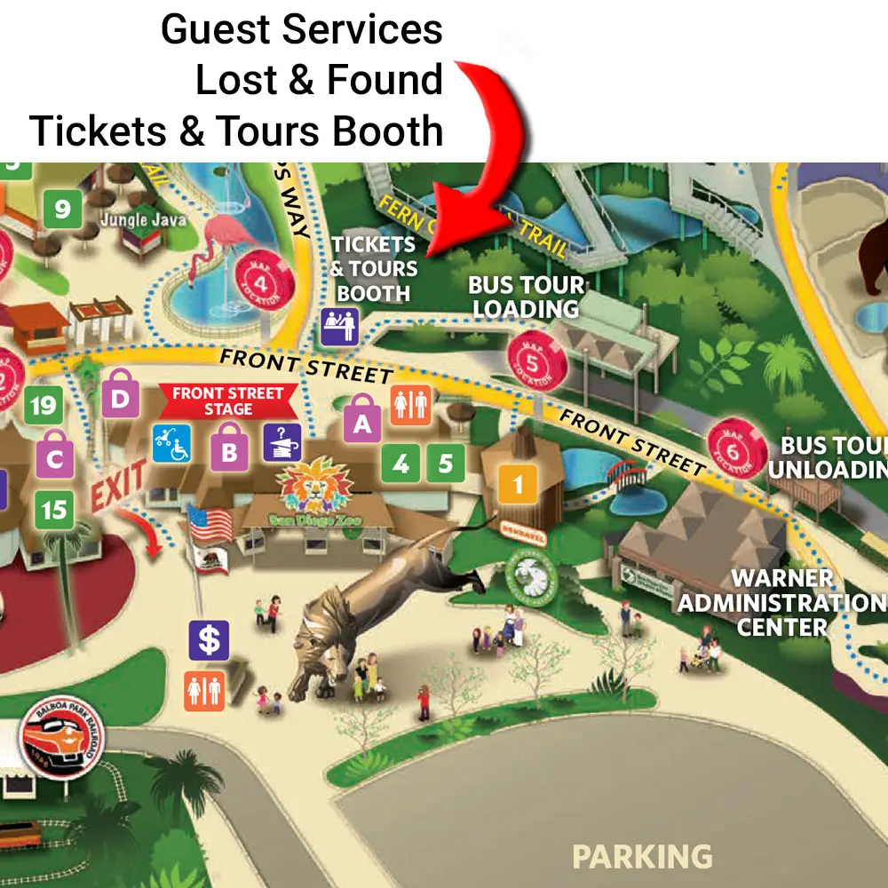 San Diego Zoo Guest Services/Ticket Booth map location where you can ask for Keeper Talks schedule.