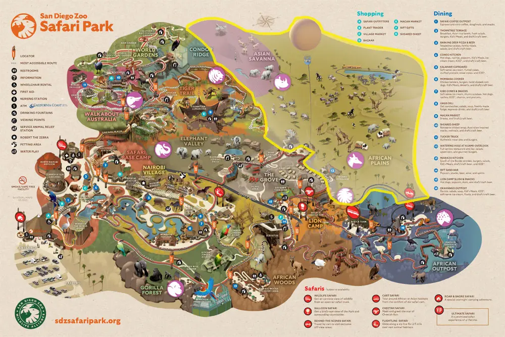 Map of San Diego Zoo Safari Park walkable exhibit areas included with admission indicated with a yellow outline.