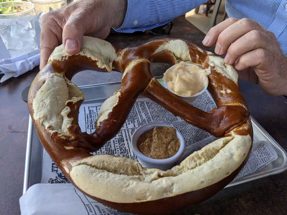 Rhino-sized pretzel with bacon beer cheese dip at The Watering Hole in San Diego Safari Park.