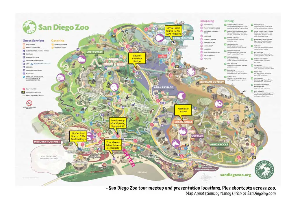 San Diego Zoo tour meetup and  presentation locations. Plus shortcuts across zoo.

