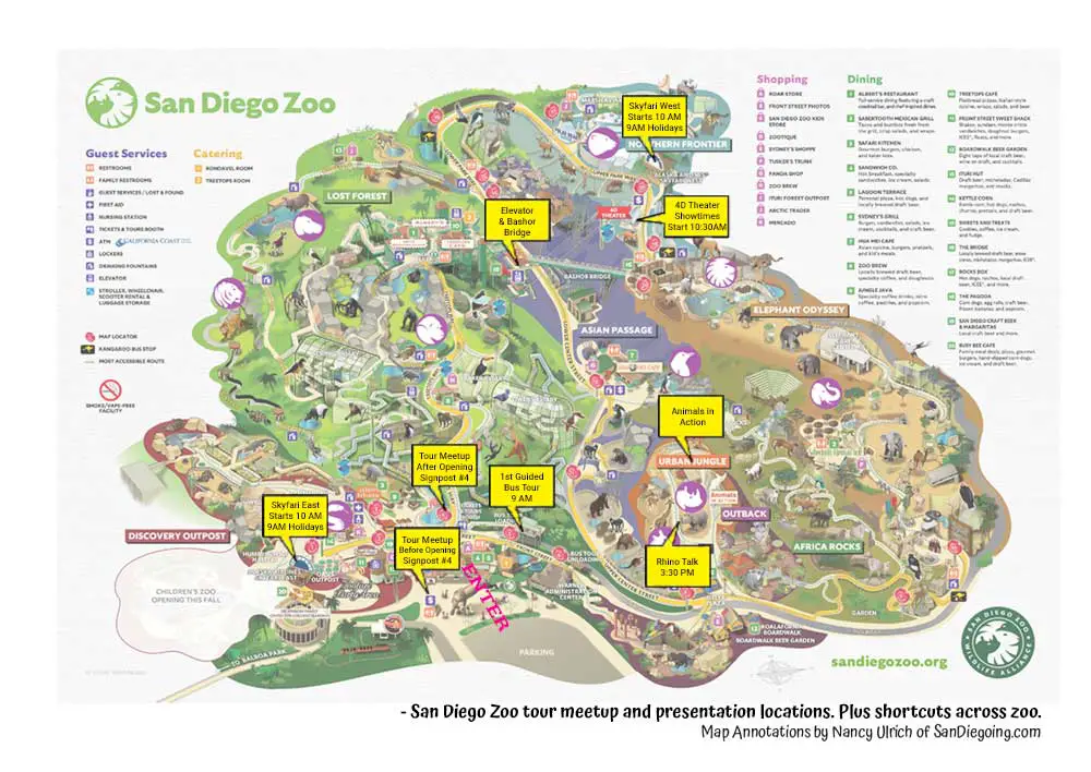 San Diego Zoo tour meetups, and presentation locations. Plus shortcuts across zoo.