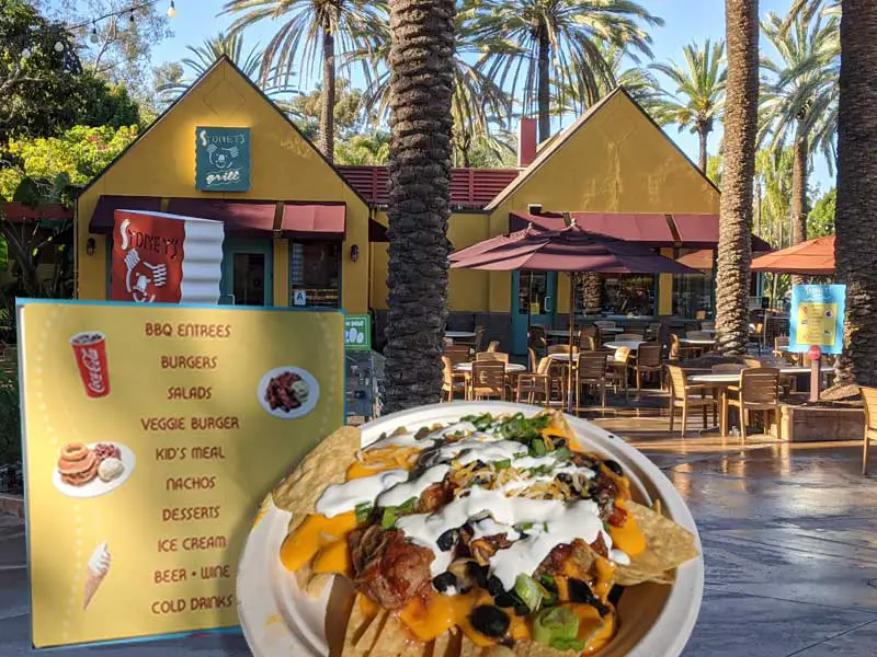 Sydney's Grill at the San Diego Zoo with menu and BBQ Pulled Pork Nachos