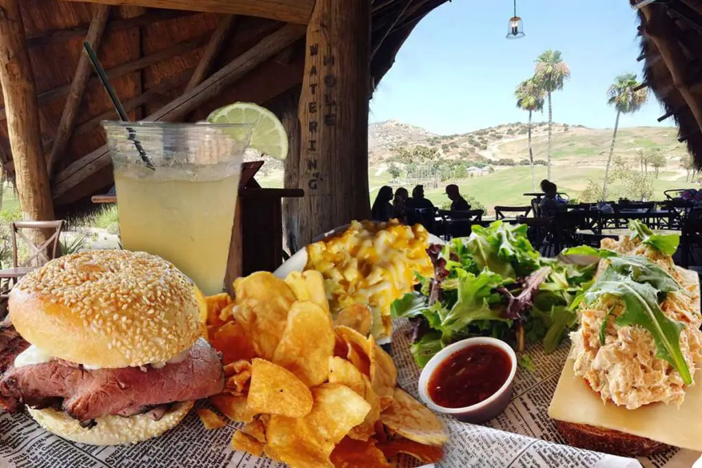 Delicious food at The Watering Hole in San Diego Safari Park. Beef and Cheddar, open-faced tuna sandwich, chips, mac-n-cheese.