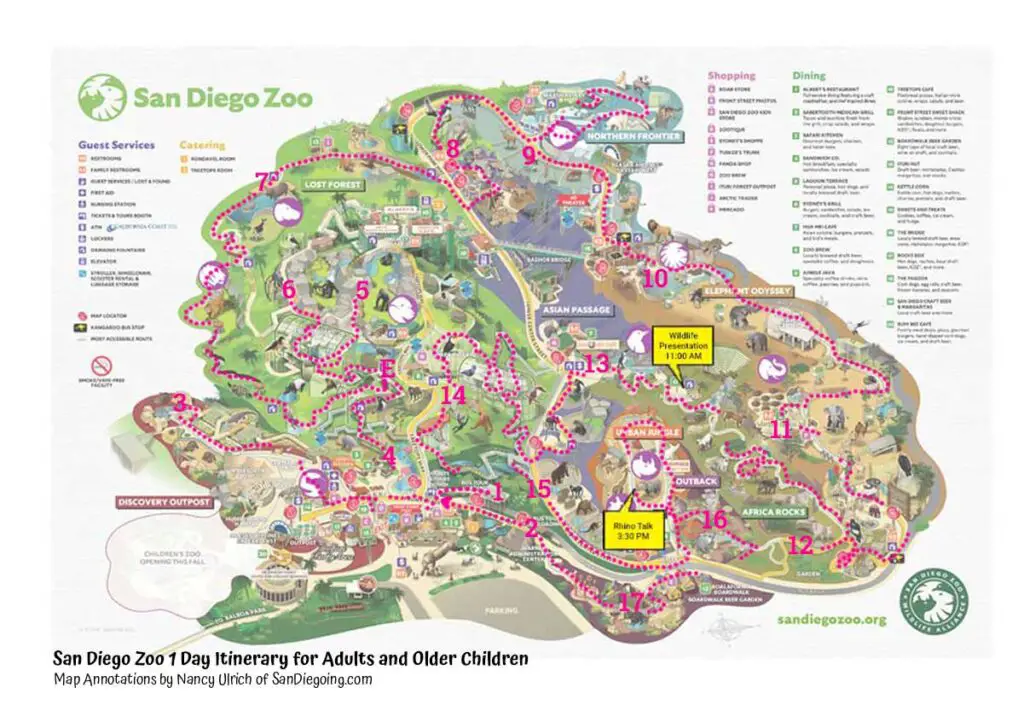 San Diego Zoo itinerary for adults and older children. Walking route map.