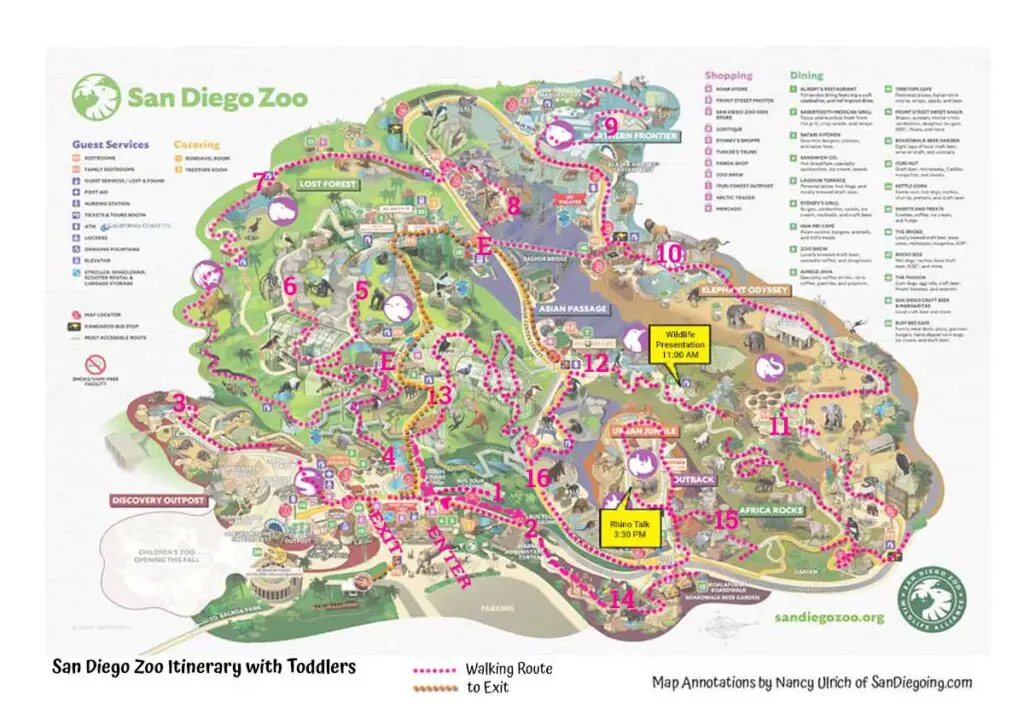 San Diego Zoo 1 day Itinerary with toddlers. Walking route map.