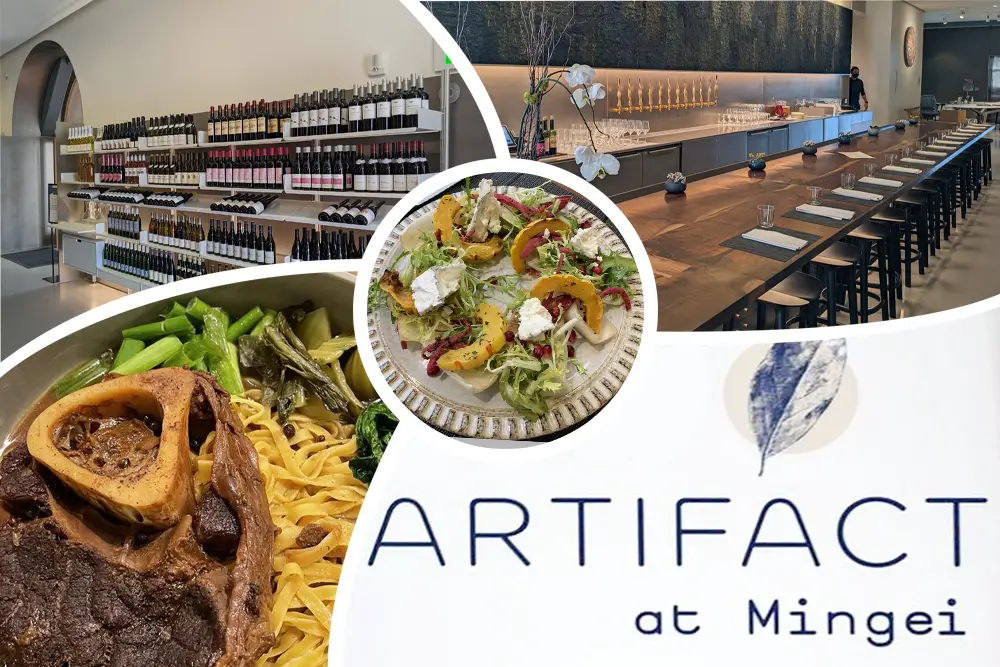 Artifact at the Mingei Museum in Balboa Park.  Photo collage showing the wine wall, 32 foot bar, beef osso bucco and endive salad.