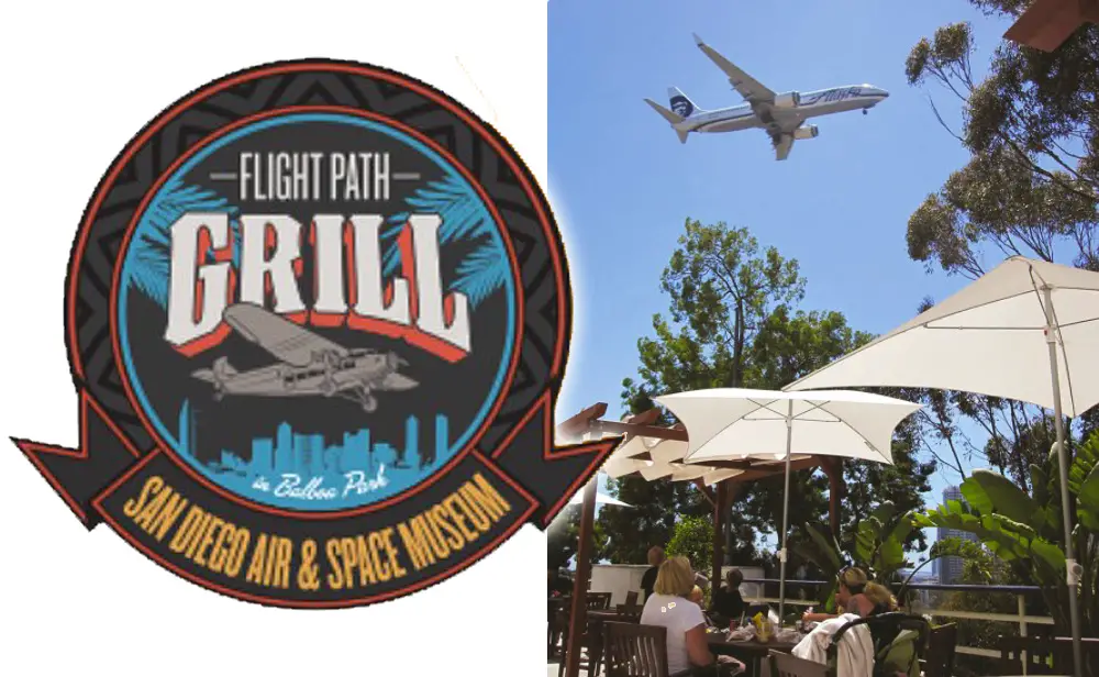 Alaska Airlines Flight Path Grill in Balboa Park logo and airplane flyover to Lindbergh Field in San Diego.