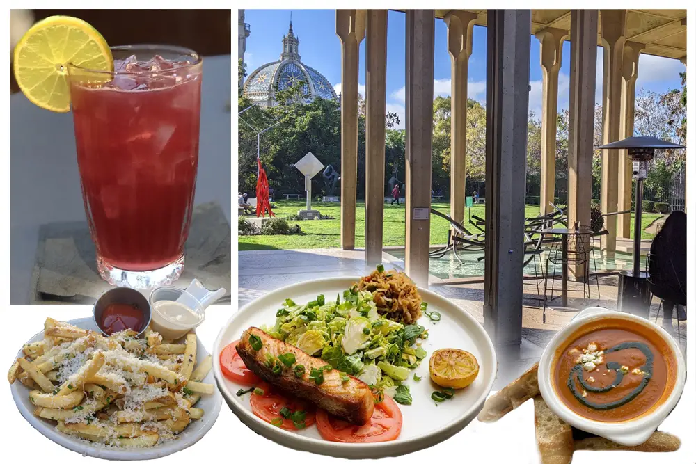 Panama 66 in Balboa Park San Diego photo collage showing sculpture garden view, diablo drink, parm fries, salmon, tomato soup.