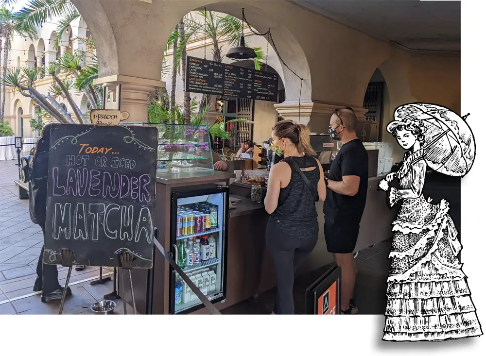 Prado Perk coffee cart in the House of Hospitality in Balboa Park, San Diego. Edwardian costumed lady with parasol waiting in line. 