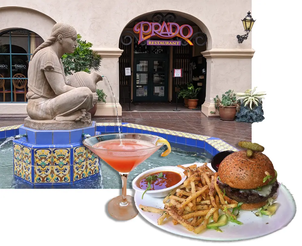The Prado restaurant in Balboa Park, San Diego main entrance. Courtyard with “Woman of Tehuantepec” sculpture pouring tequila into a blood orange margarita, with Kobe burger.