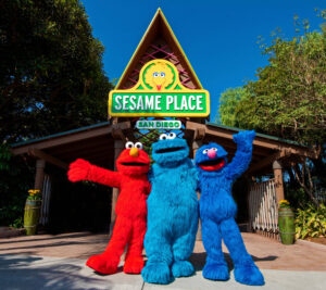 Sesame Place San Diego entry with Elmo, Cookie Monster and Grover