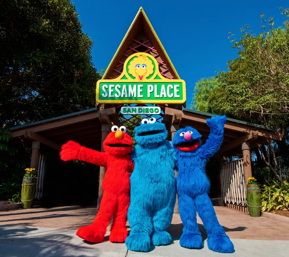 Sesame Place San Diego entry with Elmo, Cookie Monster and Grover.