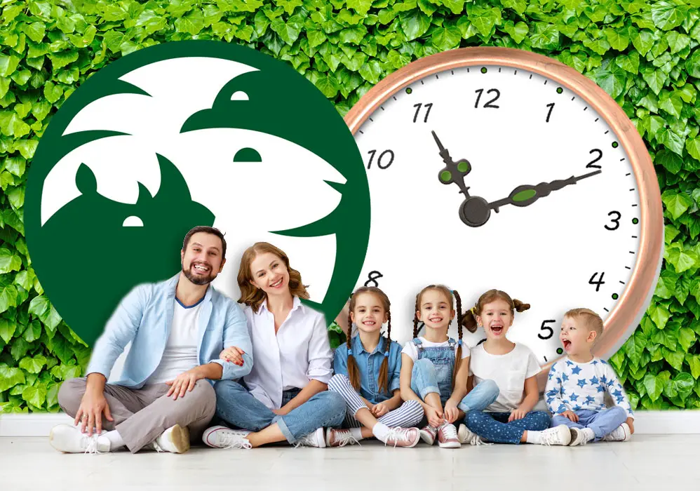 Family with different aged children sitting in front of a clock and the San Diego Zoo logo.