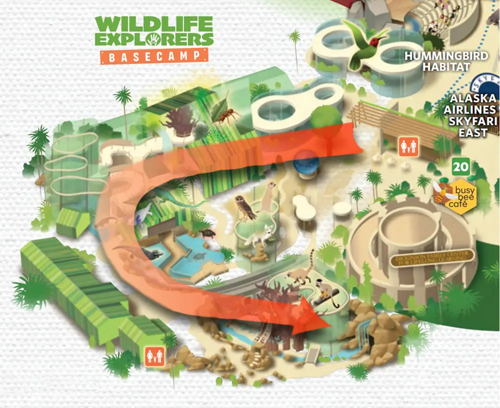 Map of San Diego Wildlife Explorers Basecamp with arrow showing best travel direction through it.