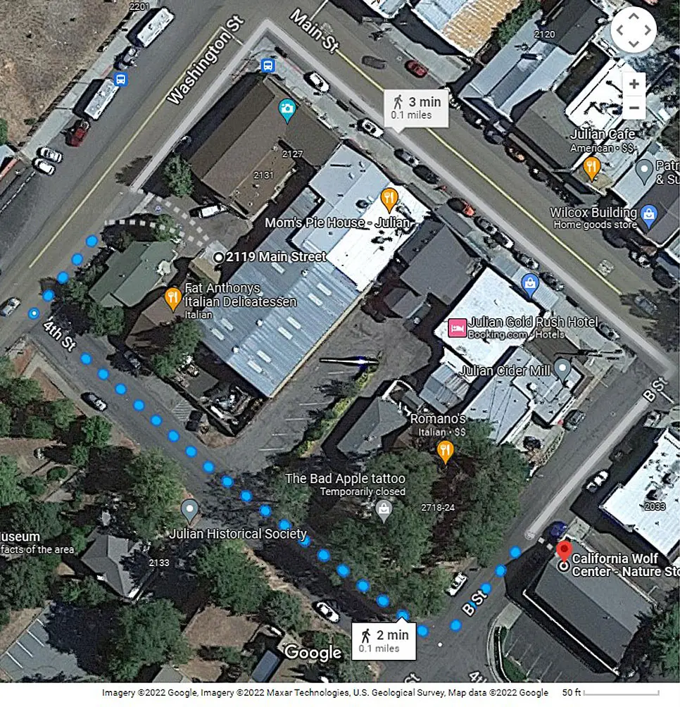 Restrooms for California Wolf Center Nature Store visitors at 2119 Main Street. Google maps screenshot marked with walking path.