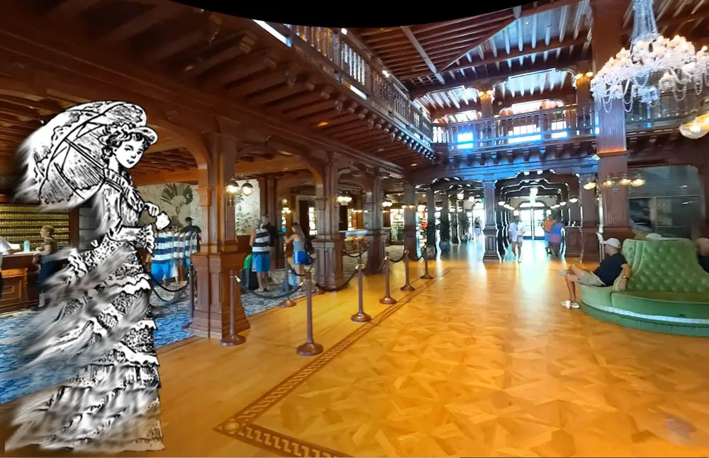 Photo of Hotel del Coronado lobby with illustrated Victorian lady ghost added.
