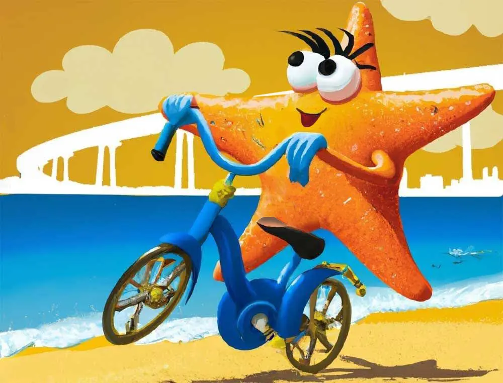 Starfish riding a blue bicycle on the beach with the Coronado Bridge in the background. This image is based on an image generated by Dall-E. Prompts and additional digital drawing and editing were done by Nancy Ulrich.