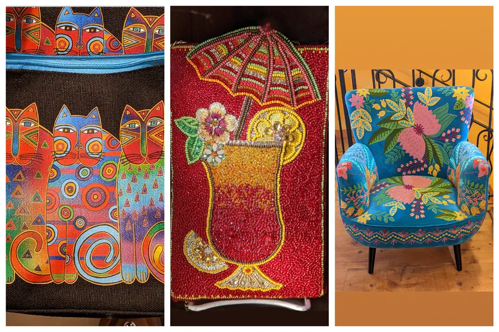 Bazaar del Mundo in Old Town San Diego. L to R Cat handbag from Laurel Burch Gallerita, beaded purse from The Gallery, armchair from Ariana Gallery.