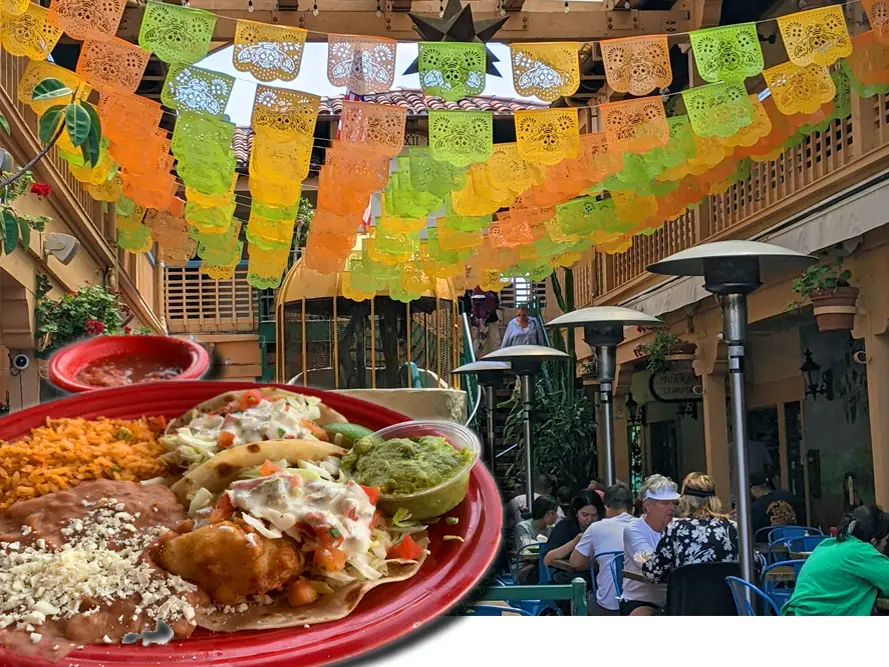 Cafe Coyote in Old Town San Diego with fish taco plate.