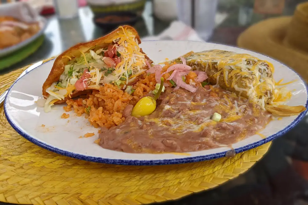 Casa de Reyes Old Town San Diego taco & tamale plate with beans & rice