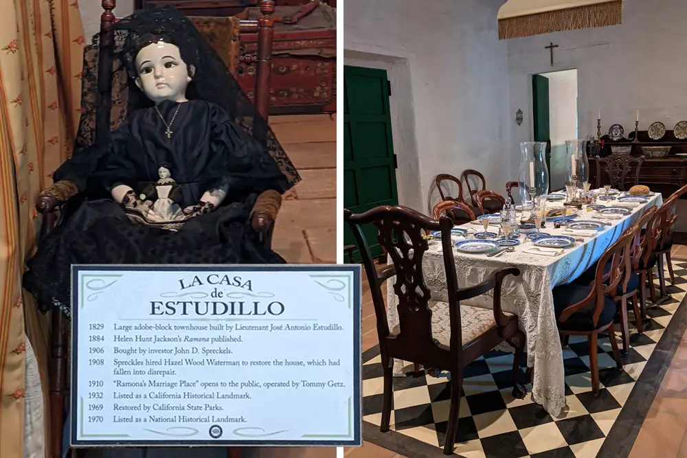 La Casa de Estudillo in Old Town San Diego. Doll on the right. Dining room on the left. Sign with history of house superimposed on top.