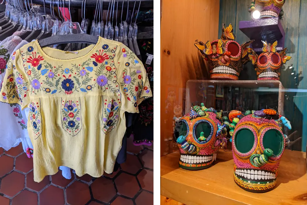 Tienda de Reyes in Old Town San Diego. Embroidered yellow blouse on left, Oxacan pottery painted skulls on the right.