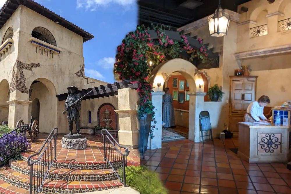 Mormon Battalion site in Old Town San Diego. Exterior view with statue on the left, interior view on the right.
