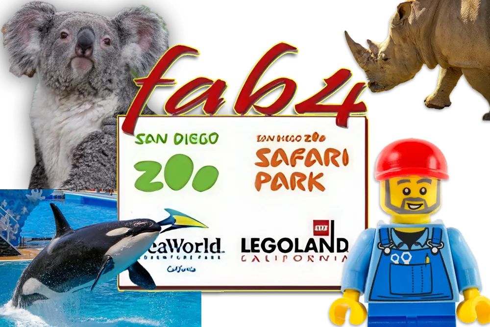 San Diego Zoo Fab4 hotel and zoo discount ticket and hotel bundle. With koala, rhino, orca and lego figure.