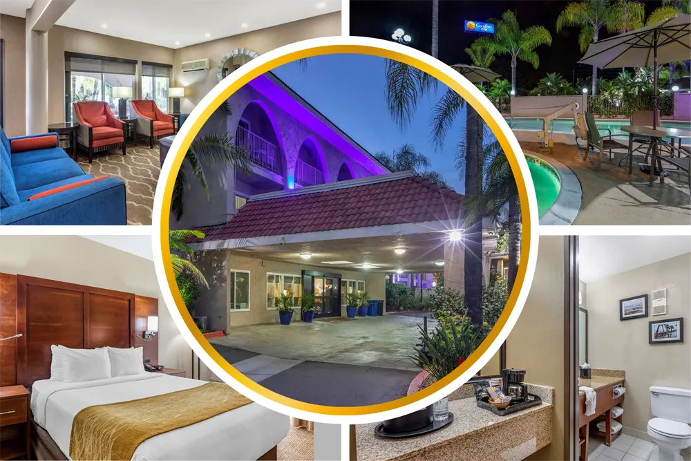 Collaged photos of interior and exterior features of Comfort Inn Escondido